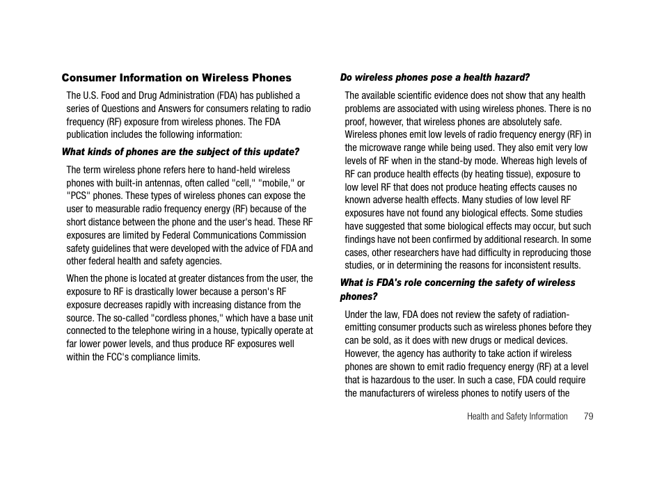 Consumer information on wireless phones, Do wireless phones pose a health hazard | Samsung SCH-R210LSACRI User Manual | Page 79 / 102