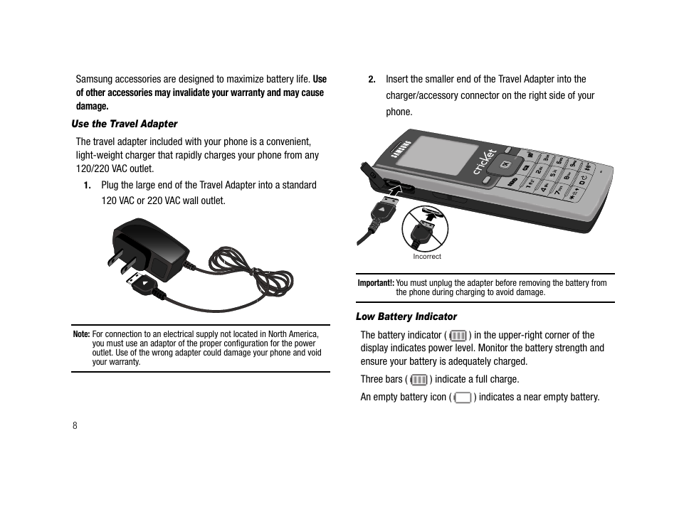 Use the travel adapter, Low battery indicator | Samsung SCH-R210LSACRI User Manual | Page 8 / 102