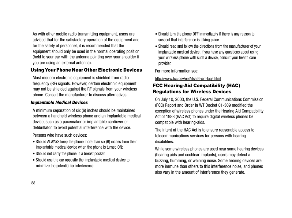 Using your phone near other electronic devices, Implantable medical devices, Wireless devices | Samsung SCH-R210LSACRI User Manual | Page 88 / 102