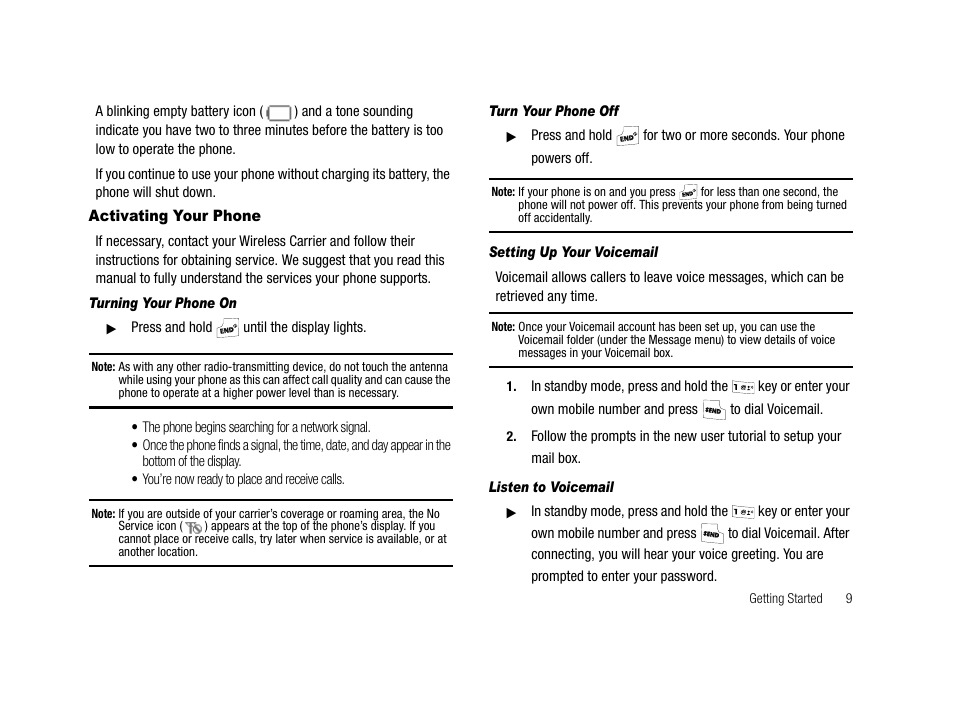 Activating your phone, Turning your phone on, Turn your phone off | Setting up your voicemail, Listen to voicemail | Samsung SCH-R210LSACRI User Manual | Page 9 / 102