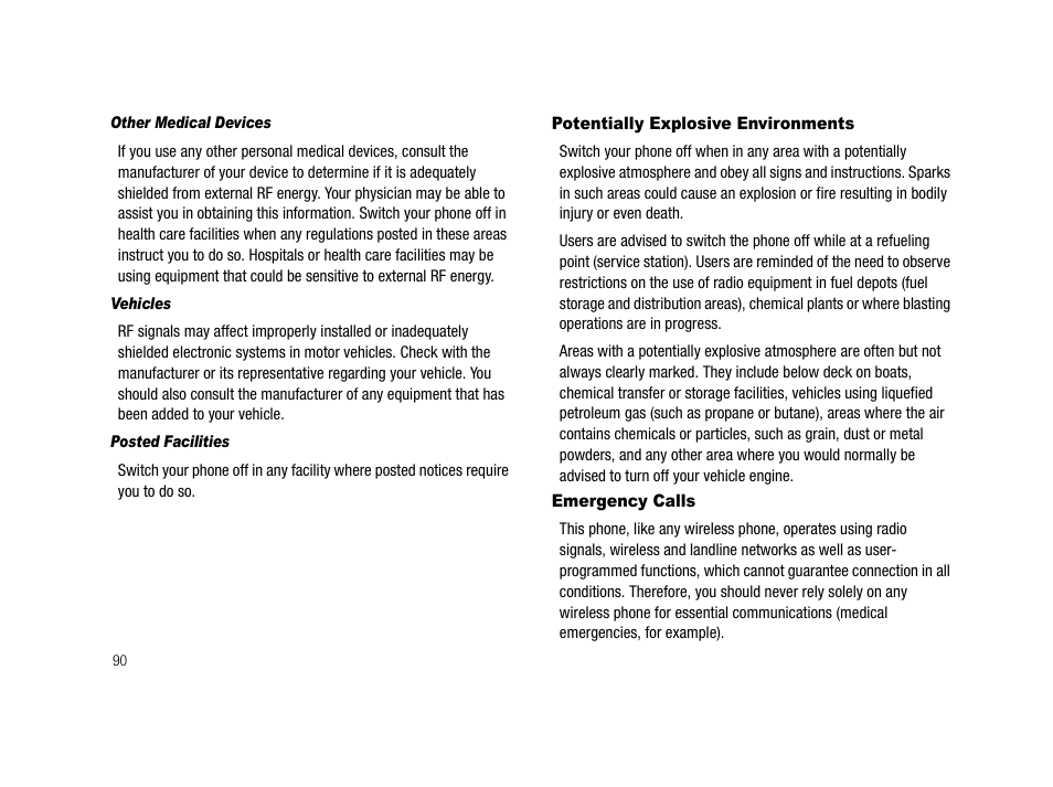 Other medical devices, Vehicles, Posted facilities | Potentially explosive environments, Emergency calls, Potentially explosive environments emergency calls | Samsung SCH-R210LSACRI User Manual | Page 90 / 102