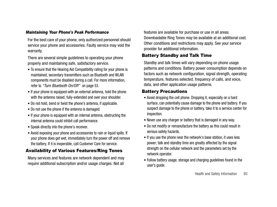 Maintaining your phone's peak performance, Availability of various features/ring tones, Battery standby and talk time | Battery precautions | Samsung SCH-R210LSACRI User Manual | Page 93 / 102