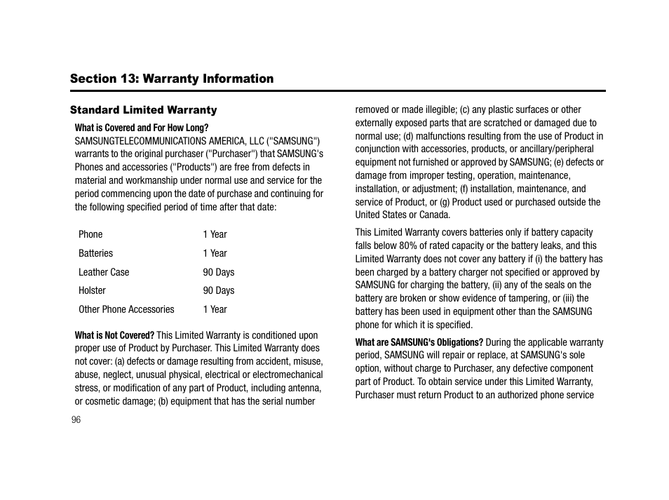 Section 13: warranty information, Standard limited warranty | Samsung SCH-R210LSACRI User Manual | Page 96 / 102