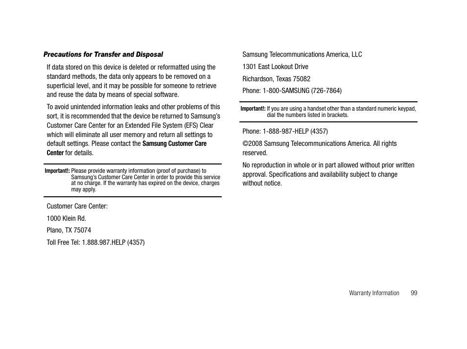 Precautions for transfer and disposal | Samsung SCH-R210LSACRI User Manual | Page 99 / 102