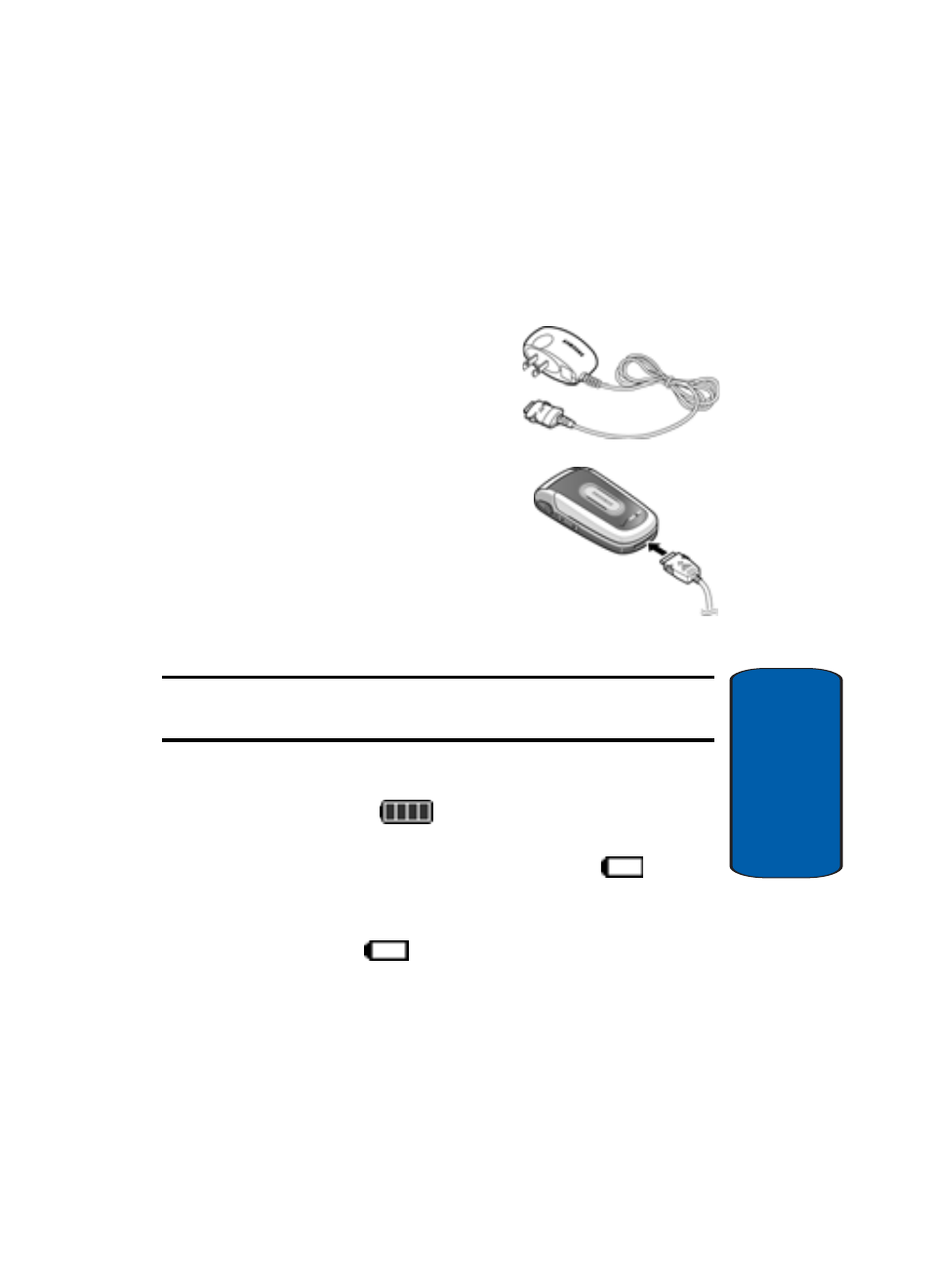 Use the travel adapter, Battery indicator | Samsung SCH-A630DAVXAR User Manual | Page 23 / 172