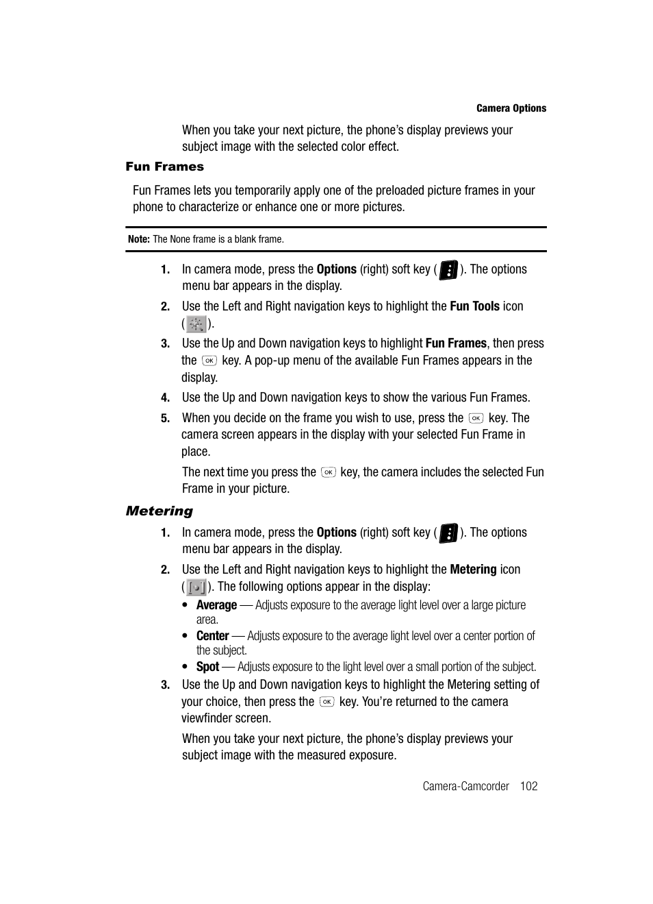 Fun frames, Metering | Samsung SCH-R610ZKAUSC User Manual | Page 105 / 188