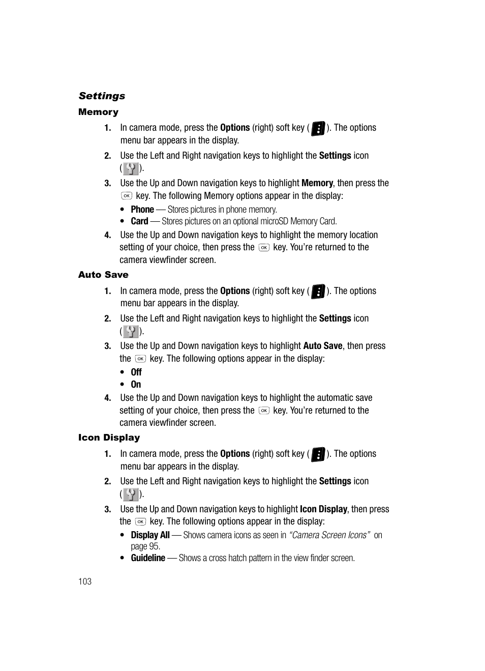 Settings, Memory, Auto save | Icon display | Samsung SCH-R610ZKAUSC User Manual | Page 106 / 188