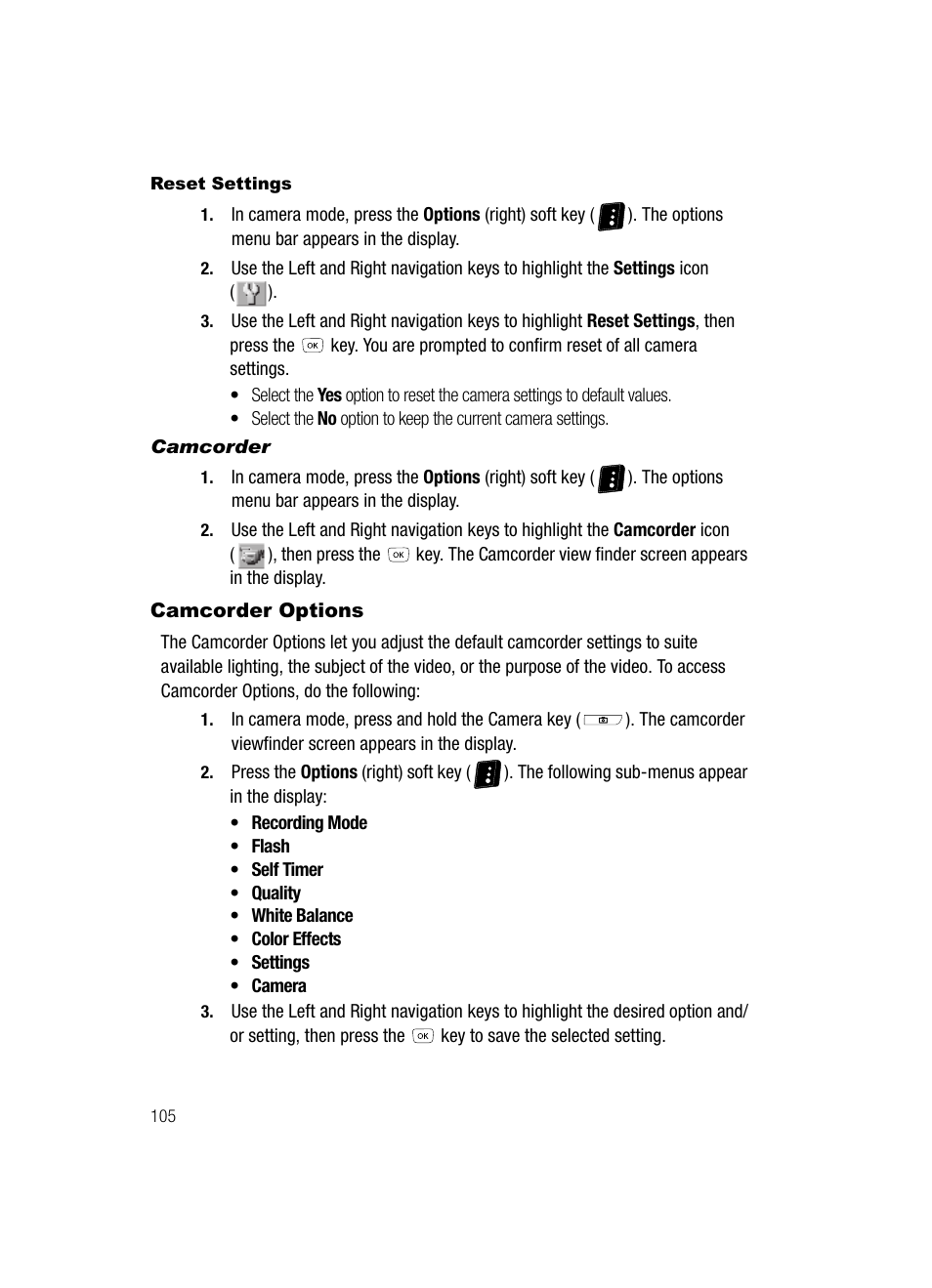 Reset settings, Camcorder, Camcorder options | Samsung SCH-R610ZKAUSC User Manual | Page 108 / 188