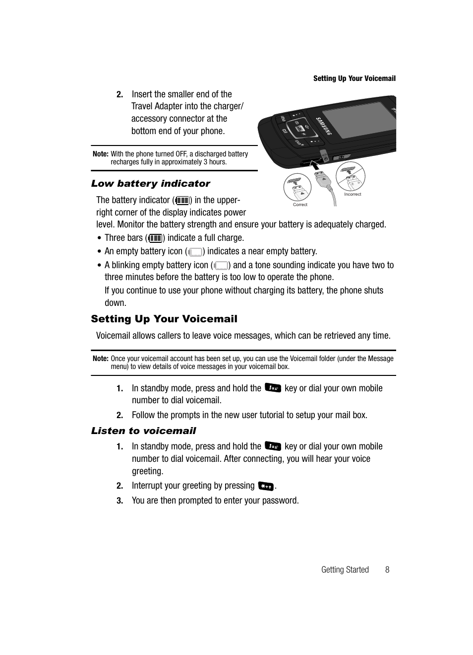 Low battery indicator, Setting up your voicemail, Listen to voicemail | Samsung SCH-R610ZKAUSC User Manual | Page 11 / 188