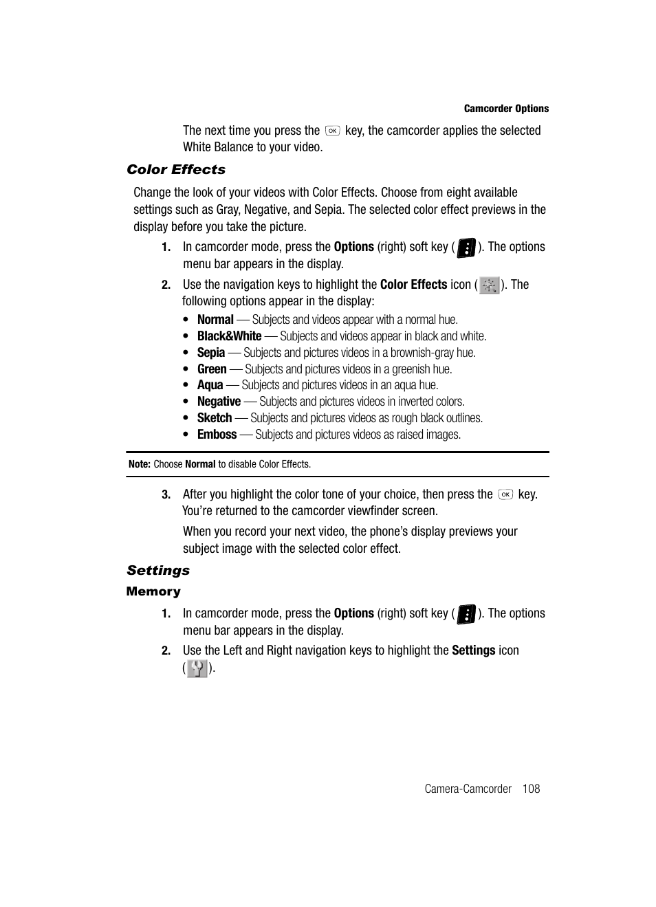 Color effects, Settings, Memory | Samsung SCH-R610ZKAUSC User Manual | Page 111 / 188