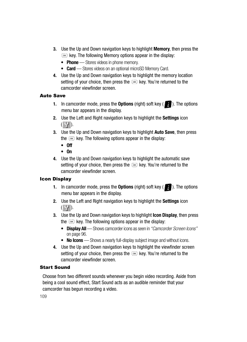 Auto save, Icon display, Start sound | Samsung SCH-R610ZKAUSC User Manual | Page 112 / 188