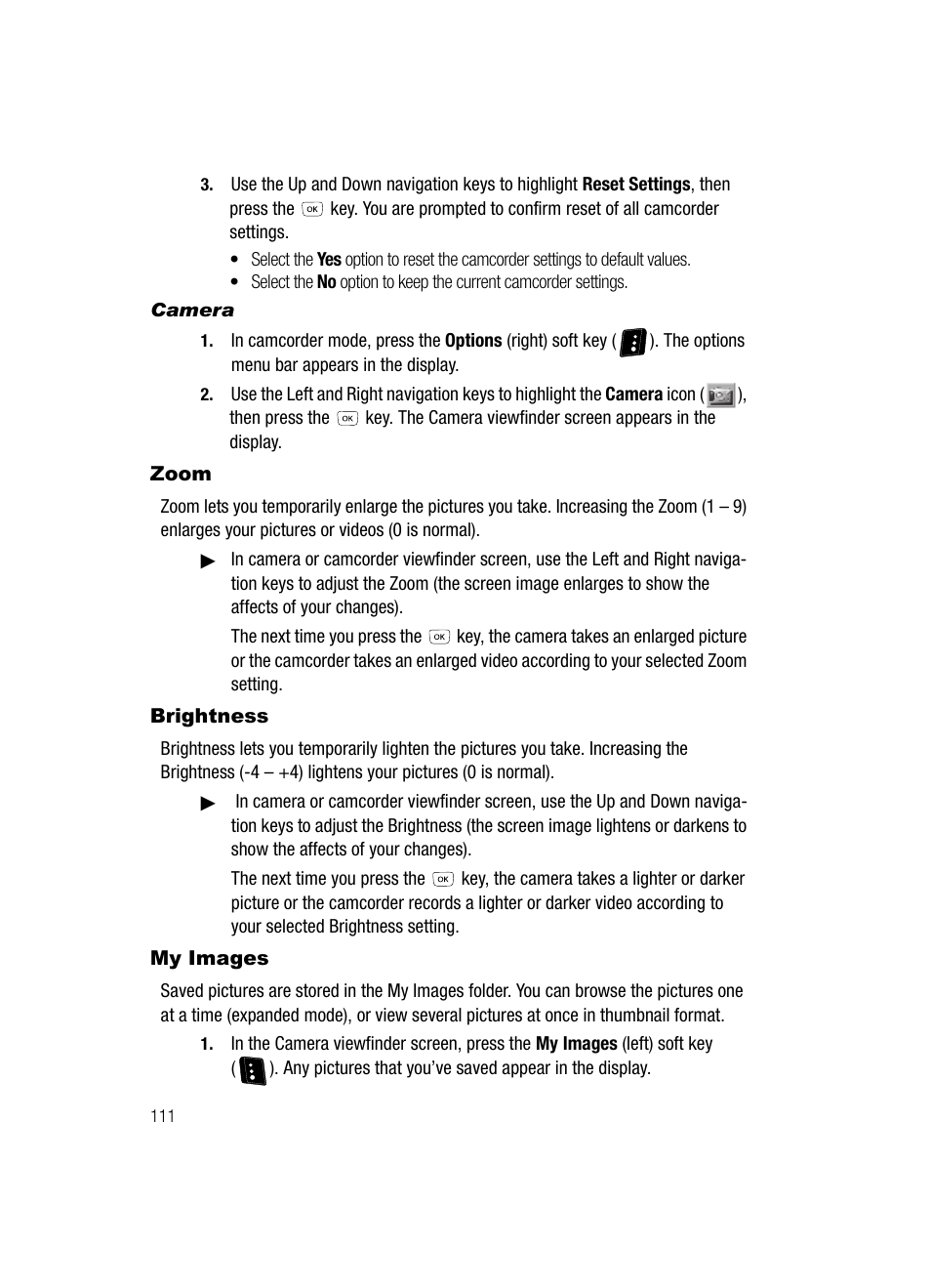 Camera, Zoom, Brightness | My images, Zoom brightness my images | Samsung SCH-R610ZKAUSC User Manual | Page 114 / 188