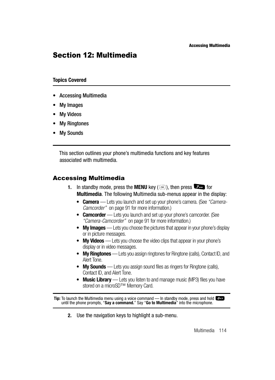 Section 12: multimedia, Accessing multimedia | Samsung SCH-R610ZKAUSC User Manual | Page 117 / 188