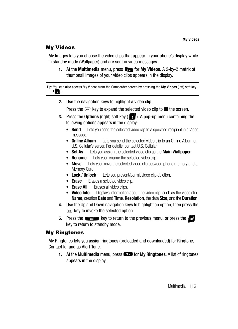 My videos, My ringtones | Samsung SCH-R610ZKAUSC User Manual | Page 119 / 188