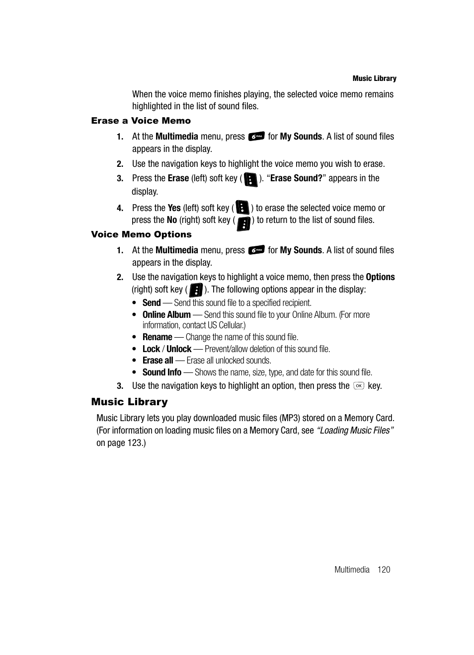 Erase a voice memo, Voice memo options, Music library | Samsung SCH-R610ZKAUSC User Manual | Page 123 / 188