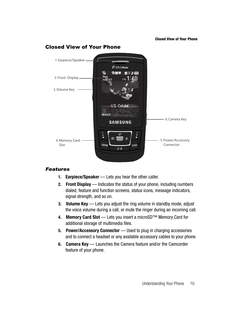 Closed view of your phone, Features | Samsung SCH-R610ZKAUSC User Manual | Page 13 / 188