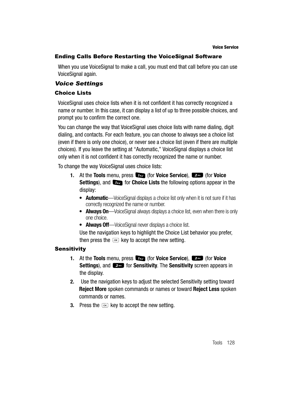 Voice settings, Choice lists, Sensitivity | Samsung SCH-R610ZKAUSC User Manual | Page 131 / 188