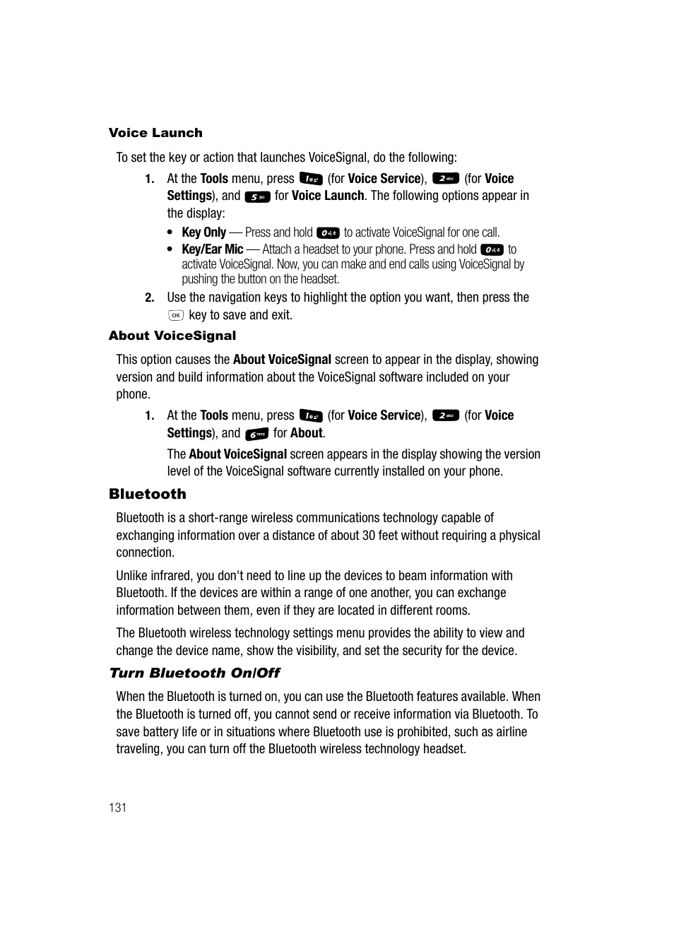 Voice launch, About voicesignal, Bluetooth | Turn bluetooth on/off, Ne. see “voice launch” on | Samsung SCH-R610ZKAUSC User Manual | Page 134 / 188