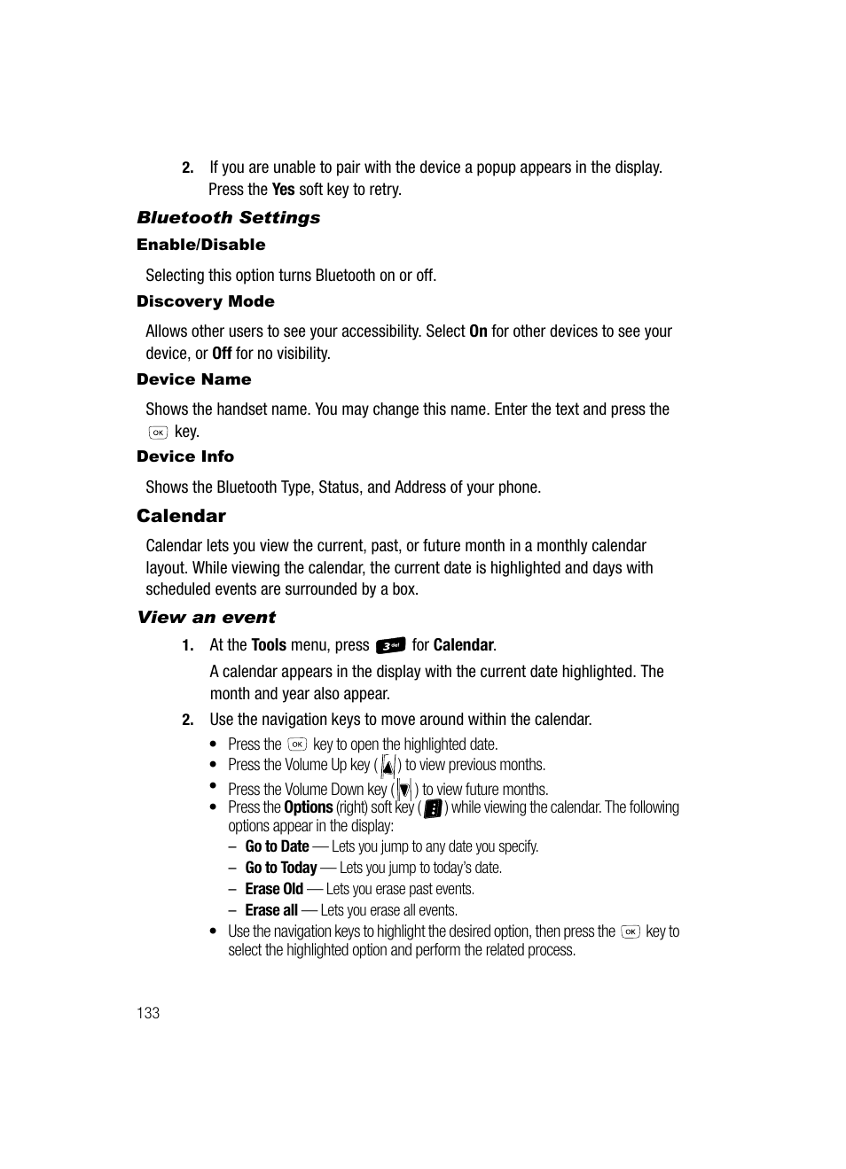 Bluetooth settings, Enable/disable, Discovery mode | Device name, Device info, Calendar, View an event | Samsung SCH-R610ZKAUSC User Manual | Page 136 / 188