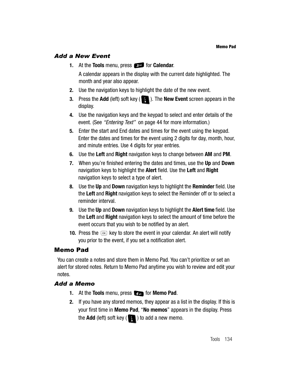 Add a new event, Memo pad, Add a memo | Samsung SCH-R610ZKAUSC User Manual | Page 137 / 188