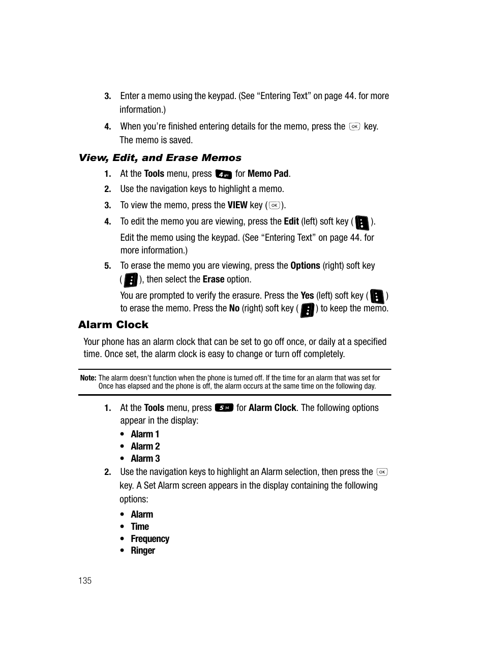 View, edit, and erase memos, Alarm clock | Samsung SCH-R610ZKAUSC User Manual | Page 138 / 188