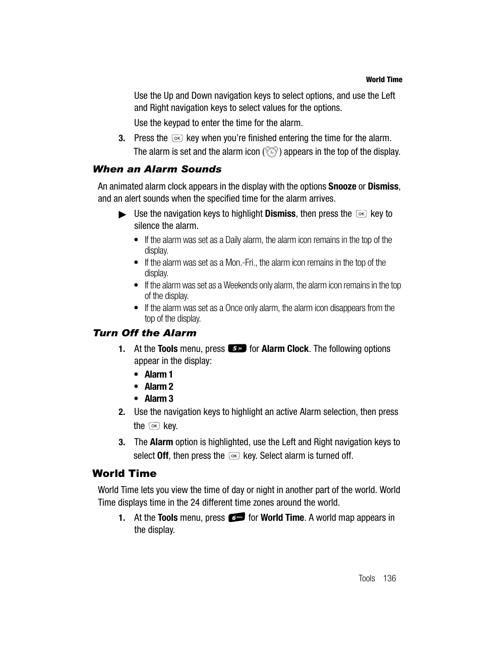 When an alarm sounds, Turn off the alarm, World time | Samsung SCH-R610ZKAUSC User Manual | Page 139 / 188