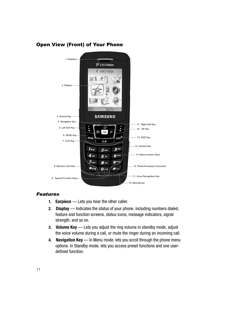 Open view (front) of your phone, Features, Earpiece — lets you hear the other caller | Samsung SCH-R610ZKAUSC User Manual | Page 14 / 188