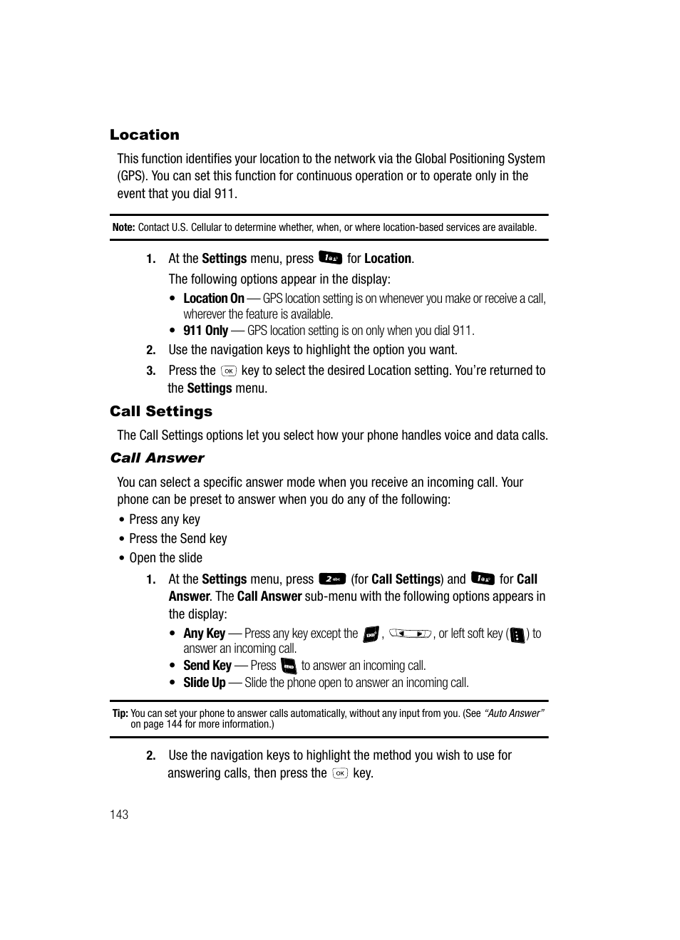 Location, Call settings, Call answer | Location call settings | Samsung SCH-R610ZKAUSC User Manual | Page 146 / 188