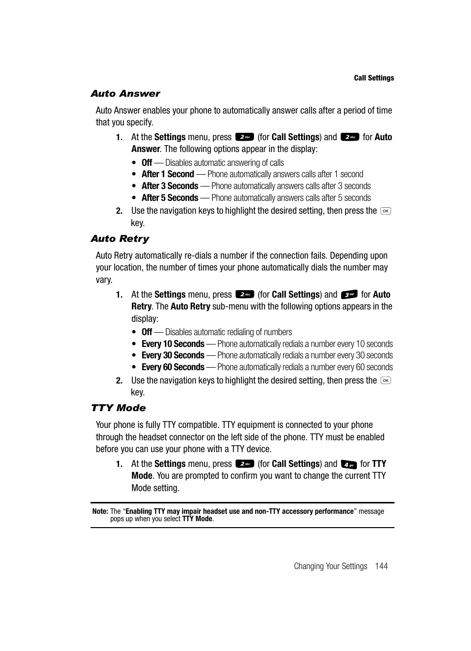 Auto answer, Auto retry, Tty mode | Samsung SCH-R610ZKAUSC User Manual | Page 147 / 188