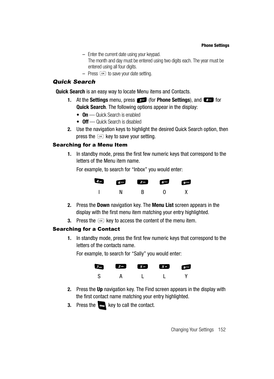 Quick search, Searching for a menu item, Searching for a contact | Samsung SCH-R610ZKAUSC User Manual | Page 155 / 188