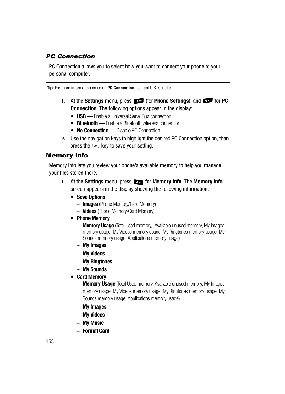 Pc connection, Memory info | Samsung SCH-R610ZKAUSC User Manual | Page 156 / 188