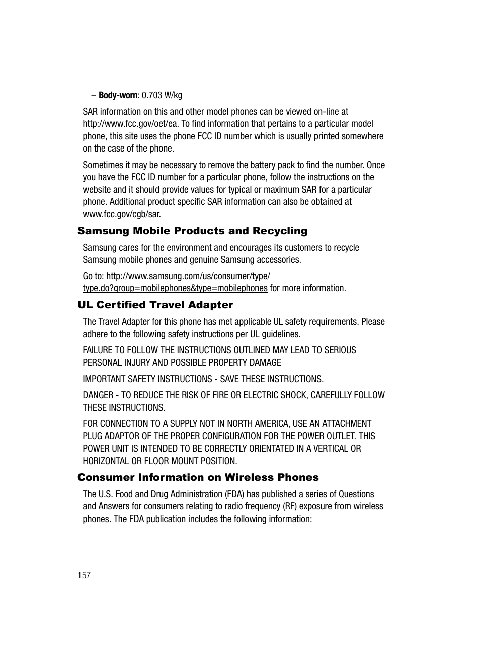 Samsung mobile products and recycling, Ul certified travel adapter, Consumer information on wireless phones | Samsung SCH-R610ZKAUSC User Manual | Page 160 / 188