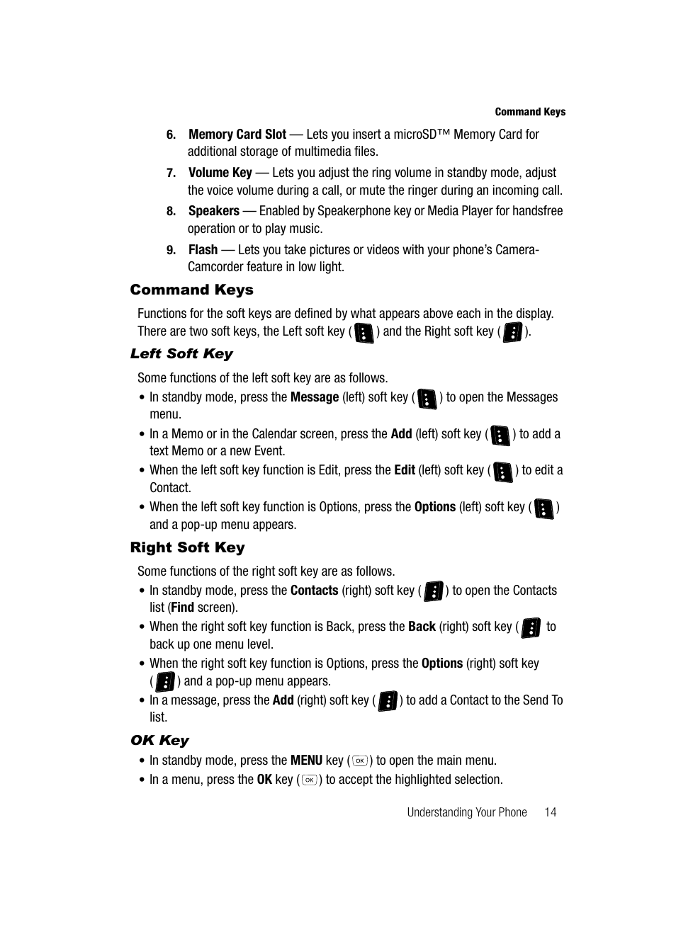 Command keys, Left soft key, Right soft key | Ok key, Command keys right soft key | Samsung SCH-R610ZKAUSC User Manual | Page 17 / 188