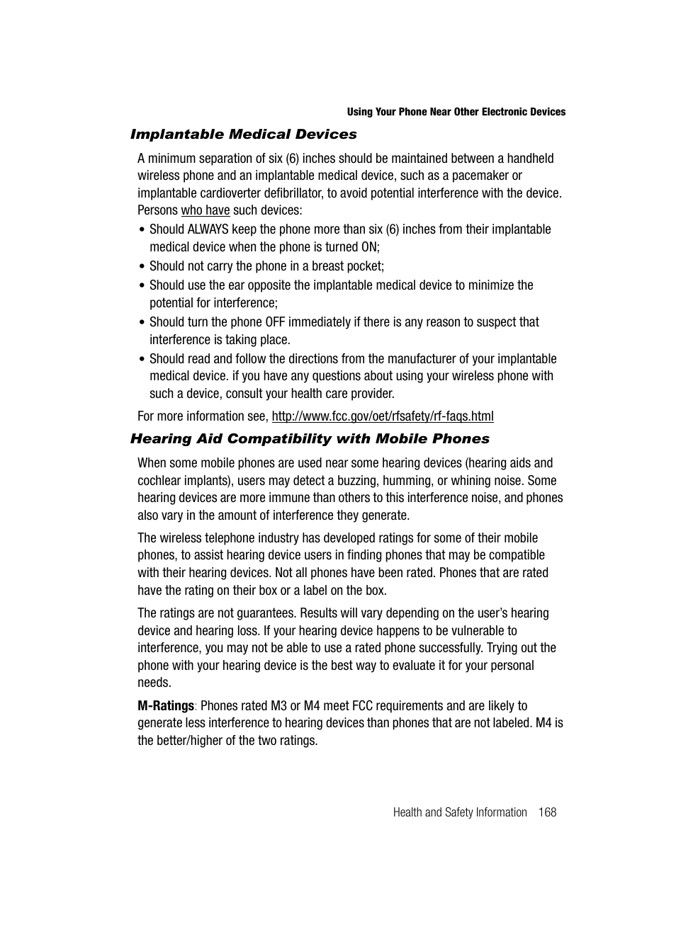 Implantable medical devices, Hearing aid compatibility with mobile phones | Samsung SCH-R610ZKAUSC User Manual | Page 171 / 188