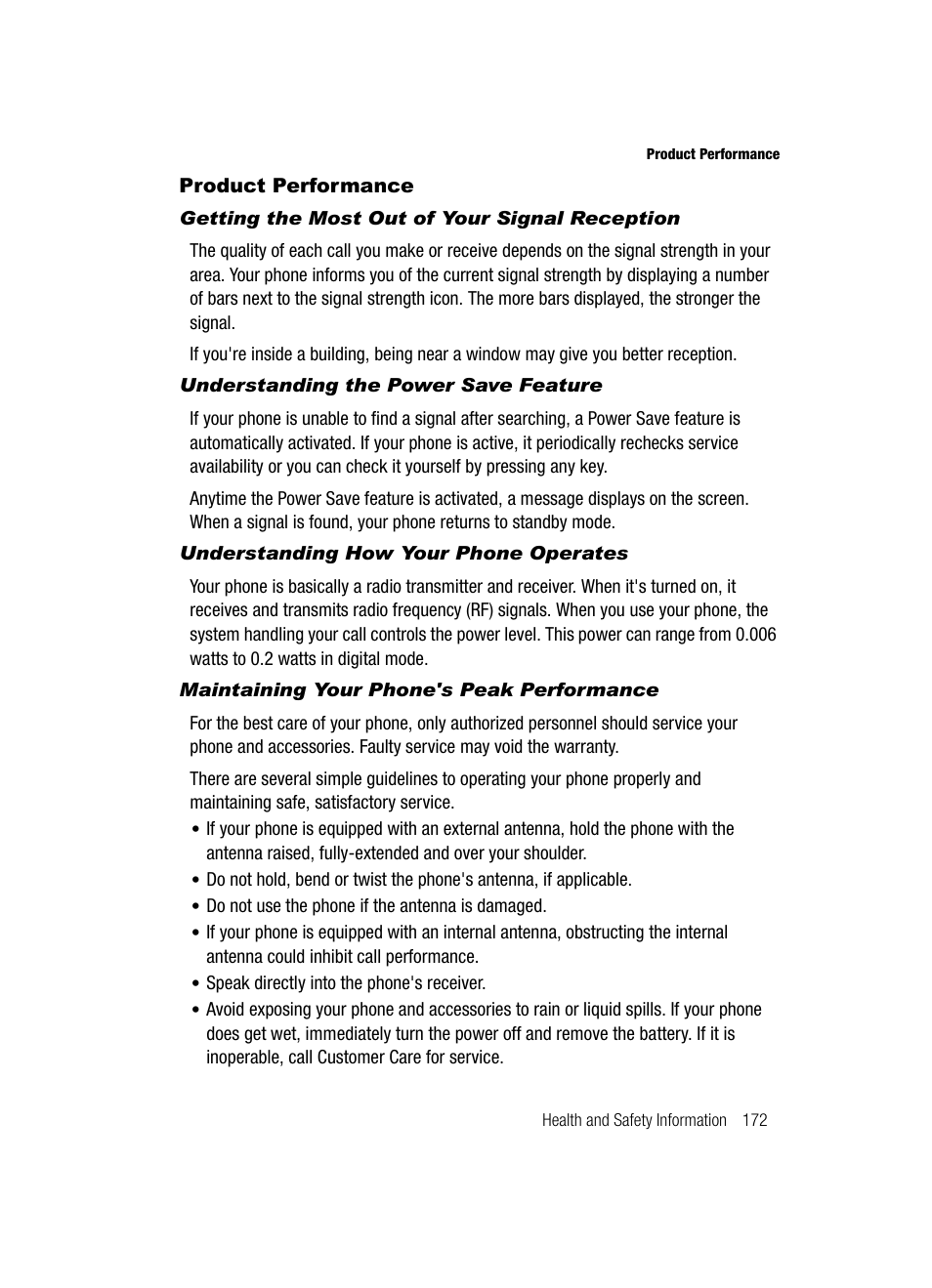 Product performance, Getting the most out of your signal reception, Understanding the power save feature | Understanding how your phone operates, Maintaining your phone's peak performance | Samsung SCH-R610ZKAUSC User Manual | Page 175 / 188