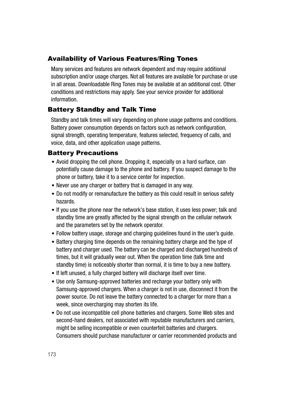 Availability of various features/ring tones, Battery standby and talk time, Battery precautions | Samsung SCH-R610ZKAUSC User Manual | Page 176 / 188