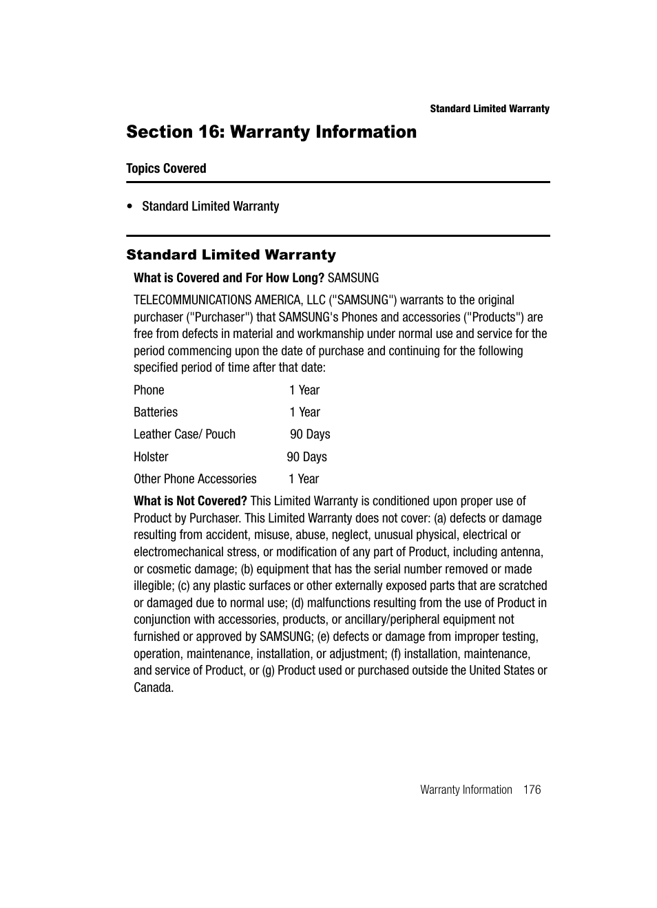 Section 16: warranty information, Standard limited warranty | Samsung SCH-R610ZKAUSC User Manual | Page 179 / 188