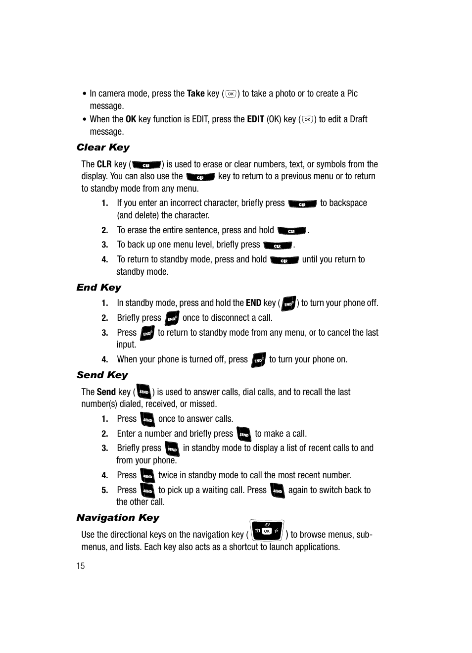 Clear key, End key, Send key | Navigation key | Samsung SCH-R610ZKAUSC User Manual | Page 18 / 188