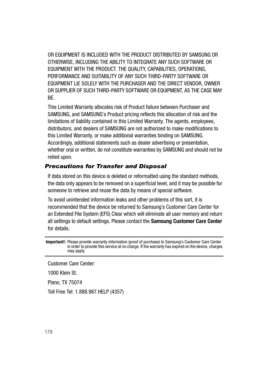 Precautions for transfer and disposal | Samsung SCH-R610ZKAUSC User Manual | Page 182 / 188