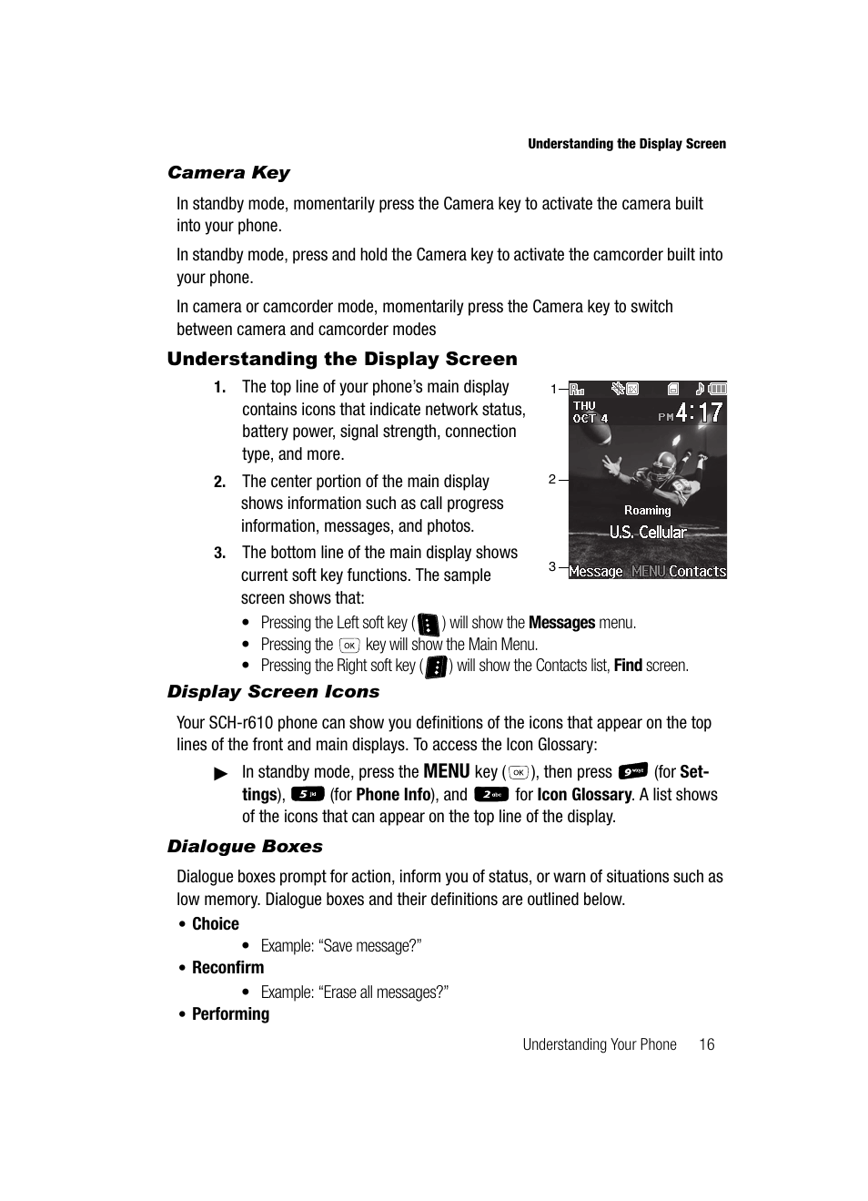 Camera key, Understanding the display screen, Display screen icons | Dialogue boxes | Samsung SCH-R610ZKAUSC User Manual | Page 19 / 188