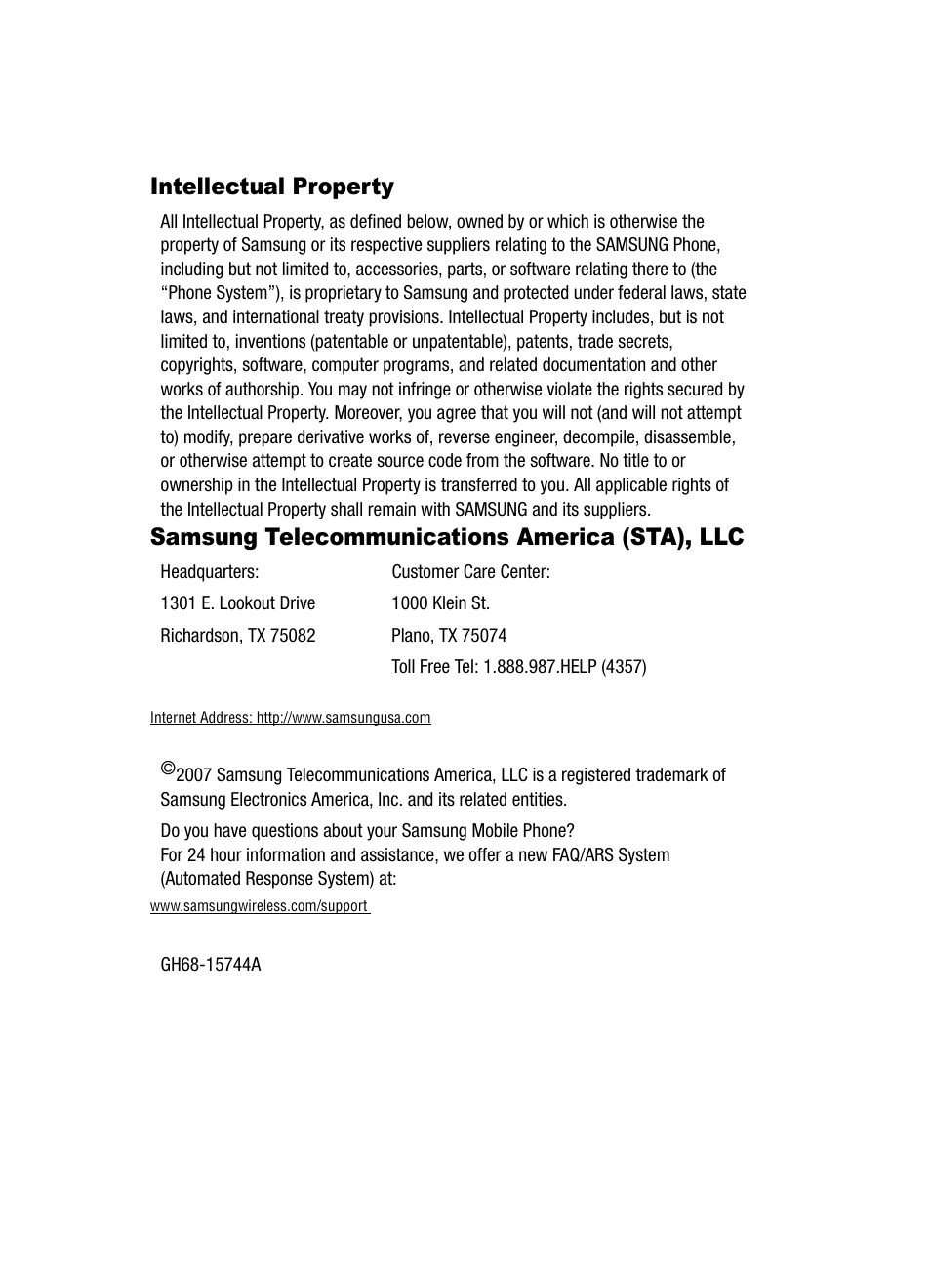 Intellectual property, Samsung telecommunications america (sta), llc | Samsung SCH-R610ZKAUSC User Manual | Page 2 / 188