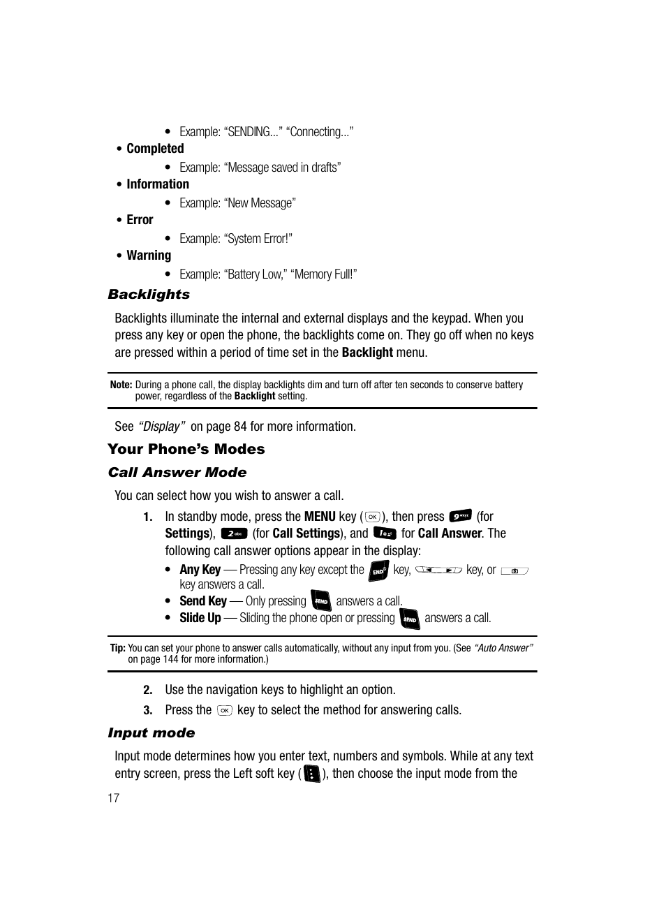 Backlights, Your phone’s modes, Call answer mode | Input mode | Samsung SCH-R610ZKAUSC User Manual | Page 20 / 188