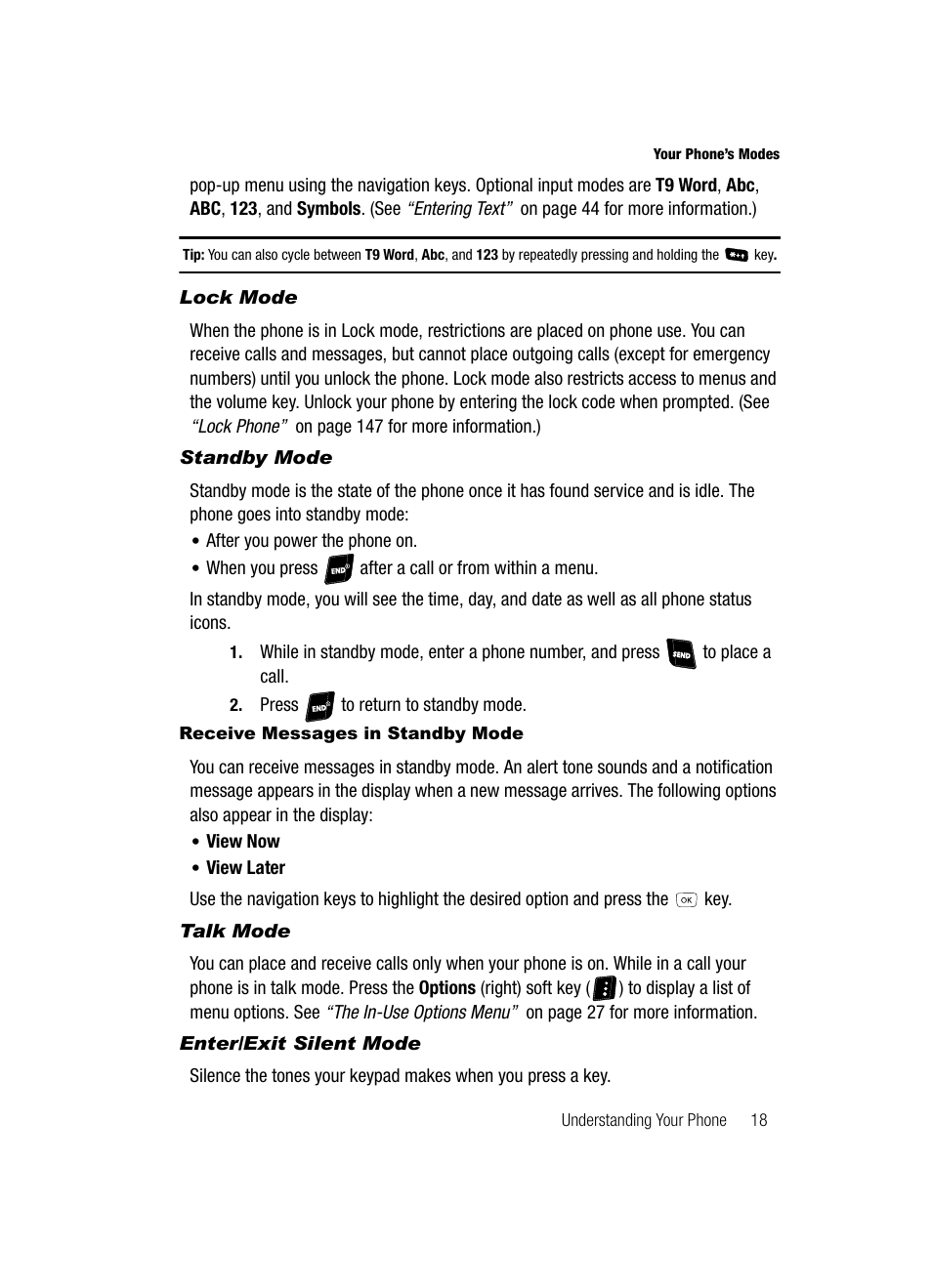 Lock mode, Standby mode, Receive messages in standby mode | Talk mode, Enter/exit silent mode | Samsung SCH-R610ZKAUSC User Manual | Page 21 / 188