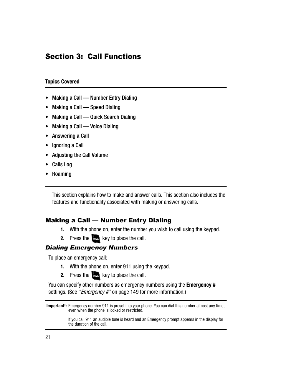 Section 3: call functions, Making a call - number entry dialing, Dialing emergency numbers | Making a call — number entry dialing | Samsung SCH-R610ZKAUSC User Manual | Page 24 / 188