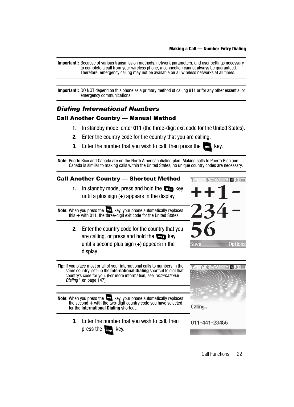 Dialing international numbers, Call another country - manual method, Call another country - shortcut method | Samsung SCH-R610ZKAUSC User Manual | Page 25 / 188