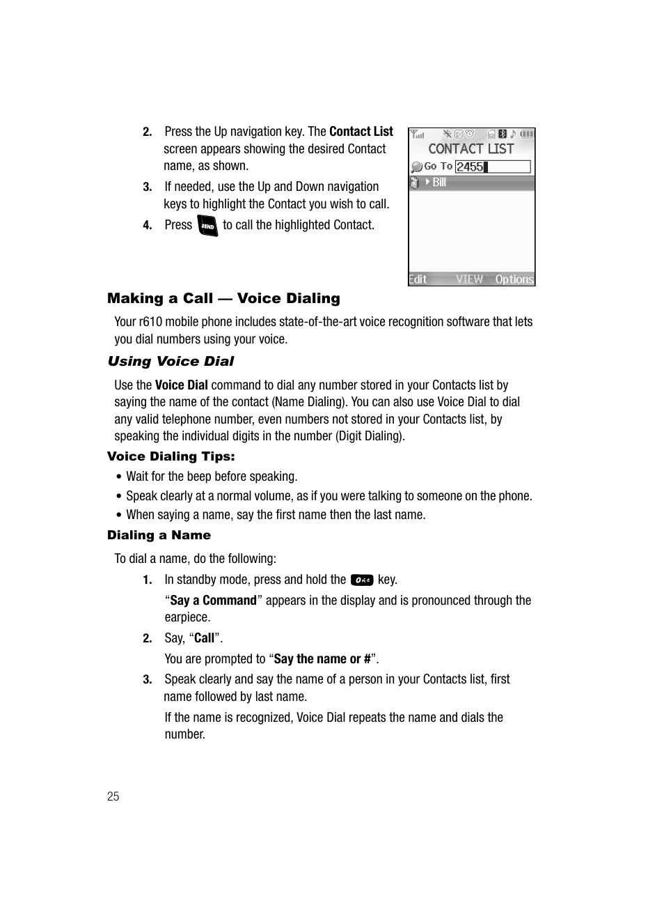 Making a call - voice dialing, Using voice dial, Voice dialing tips | Dialing a name, Making a call — voice dialing | Samsung SCH-R610ZKAUSC User Manual | Page 28 / 188