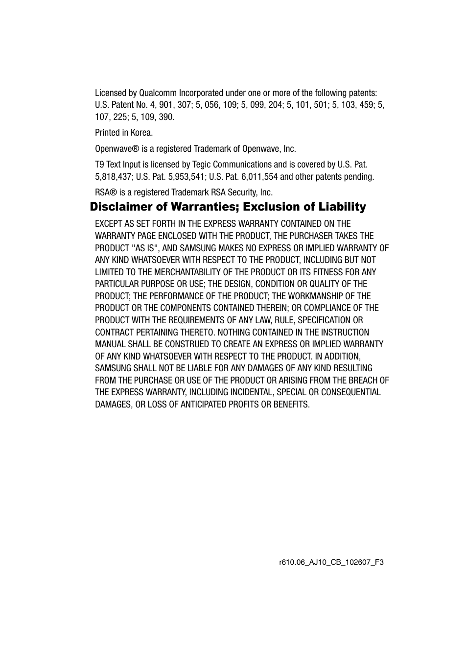 Disclaimer of warranties; exclusion of liability | Samsung SCH-R610ZKAUSC User Manual | Page 3 / 188