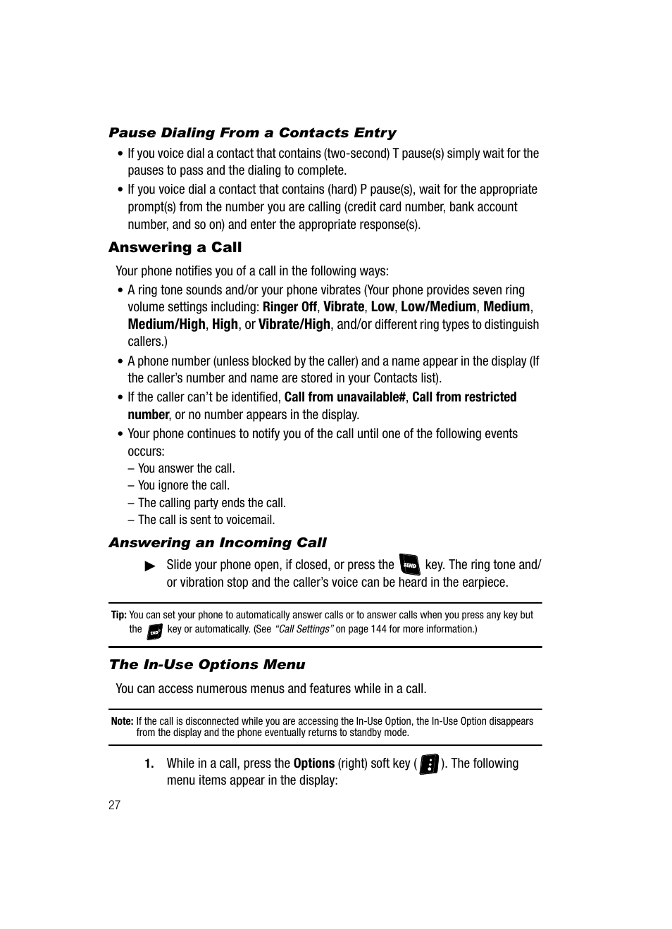 Pause dialing from a contacts entry, Answering a call, Answering an incoming call | The in-use options menu | Samsung SCH-R610ZKAUSC User Manual | Page 30 / 188