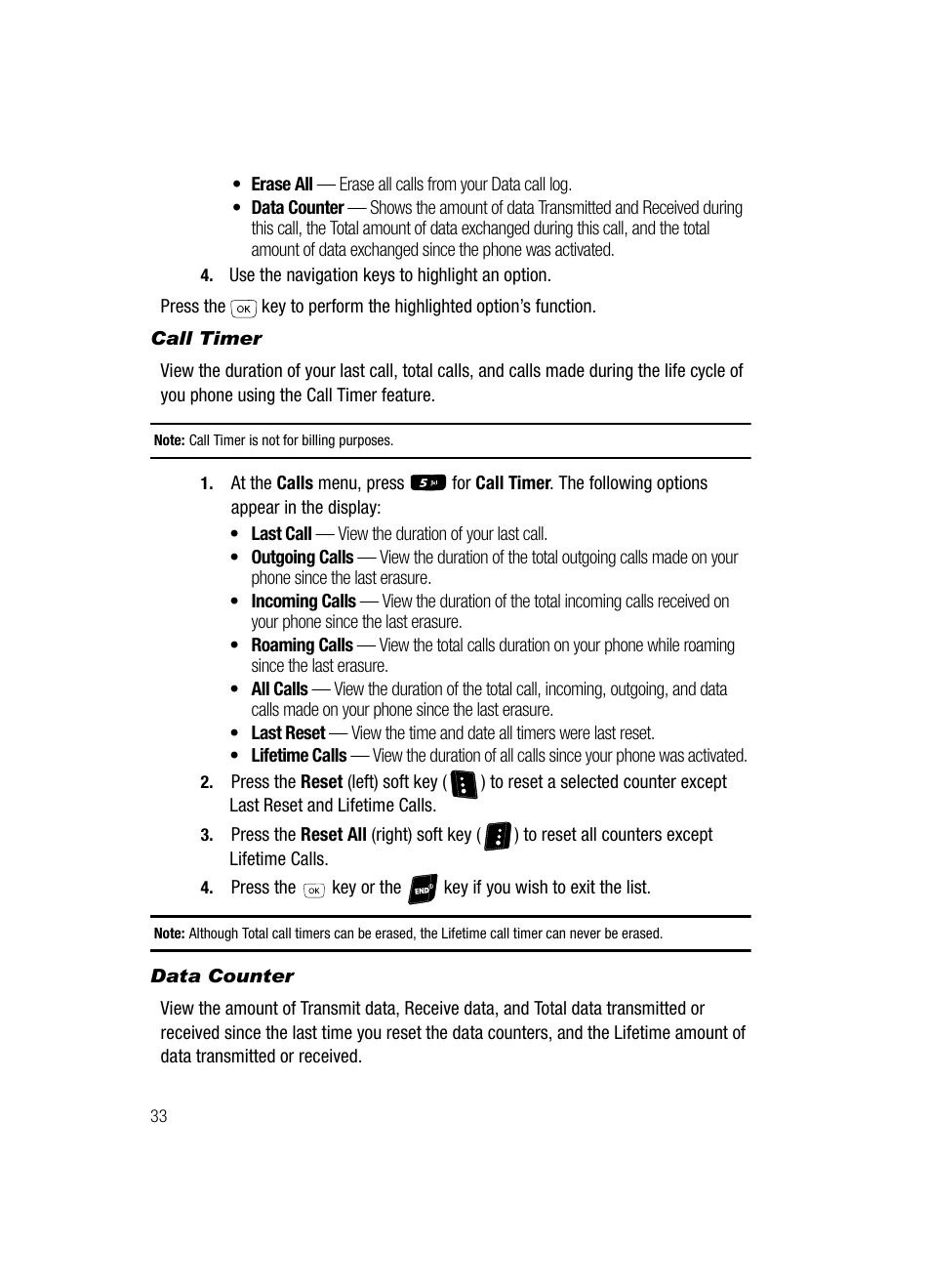 Call timer, Data counter | Samsung SCH-R610ZKAUSC User Manual | Page 36 / 188