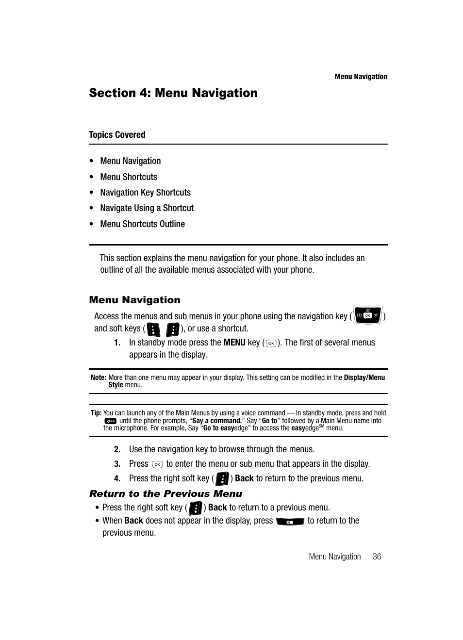 Section 4: menu navigation, Menu navigation, Return to the previous menu | Samsung SCH-R610ZKAUSC User Manual | Page 39 / 188